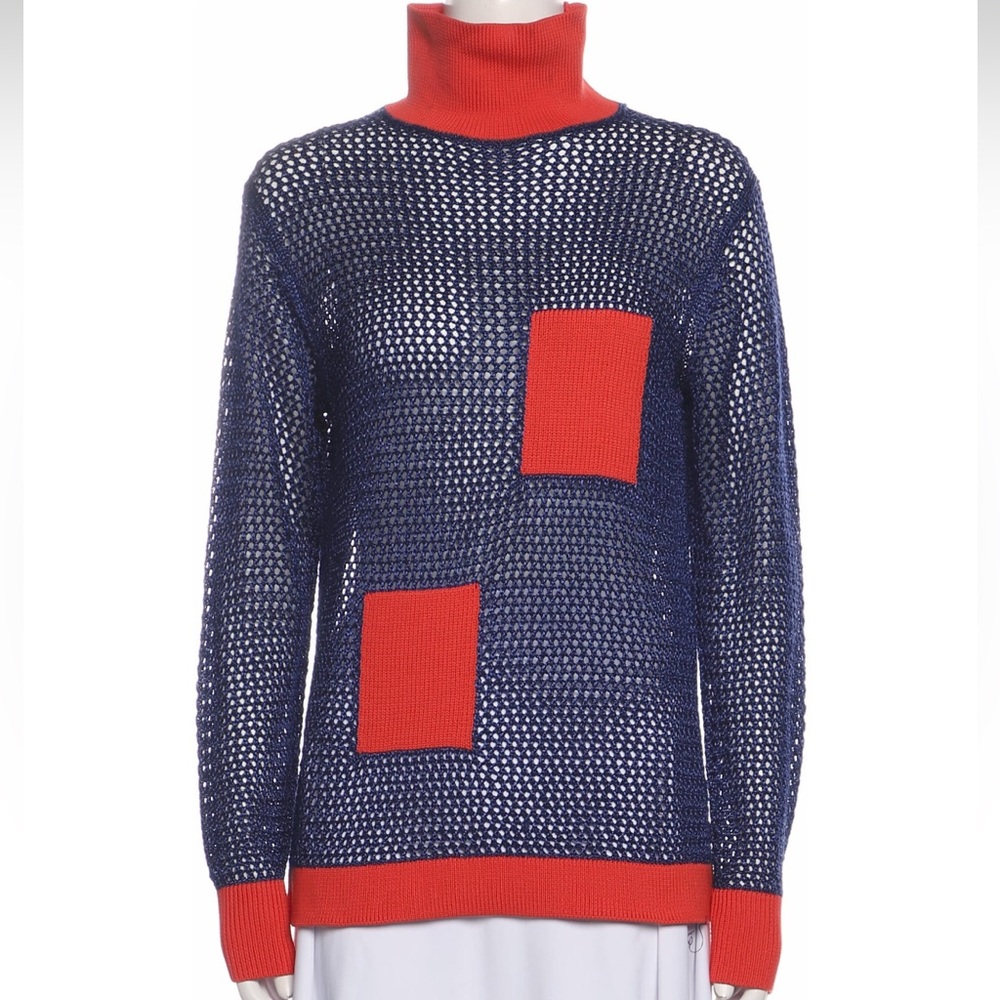 Tibi XS S Crochet Summer Sweater Patchwork Red Blue